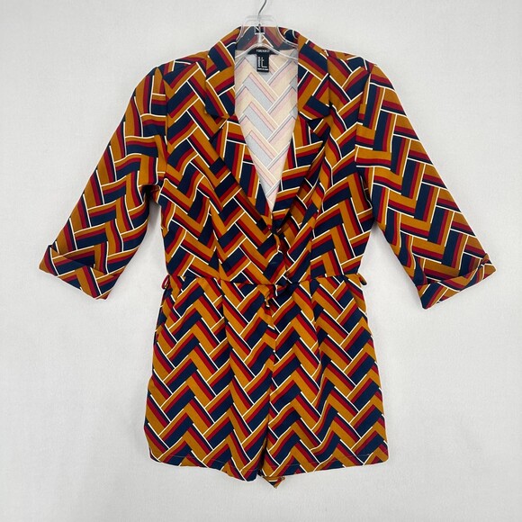 Forever 21 Romper Women Size S Multicolor Short Sleeve Geometric Tie Waist - Picture 3 of 15